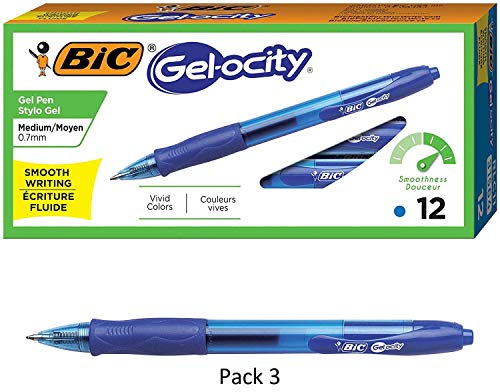 BIC RLC11-BLUE Gel-ocity Retractable Gel Pen, Medium Point (0.7 mm), Blue, 12-Count, 3 Pack