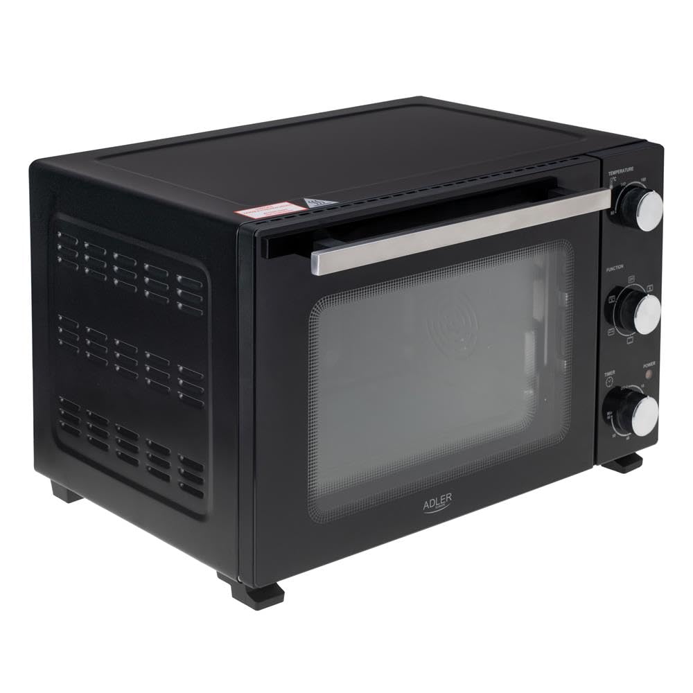 ADLER EUROPE AD 6028 Elektrobackofen 60 Liter, Mini-Backofen mit Umluft, Drehspieß, Timer, 5 Heizmodi, 2000W, Doppelglastür, Backblech und Grillrost, Schwarz