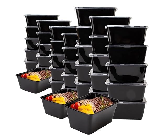 Image of [1000 ml, 25 Count, Rectangle, Black Reusable Plastic Food Storage Containers with Lid | Airtight, Microwave Safe Containers | Perfect for Meal Prep, Storage, Takeaway & Food Delivery