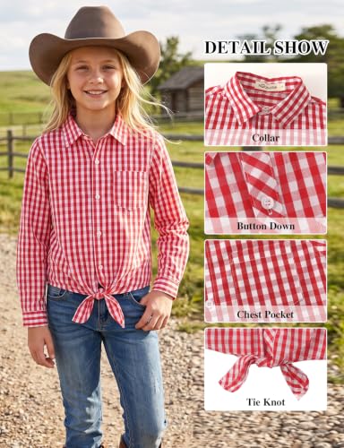 Image of Noomelfish Girls Long Sleeve Button Down Shirt Tie Front Western Tops Cowgirl Outfit (5-14 Years)