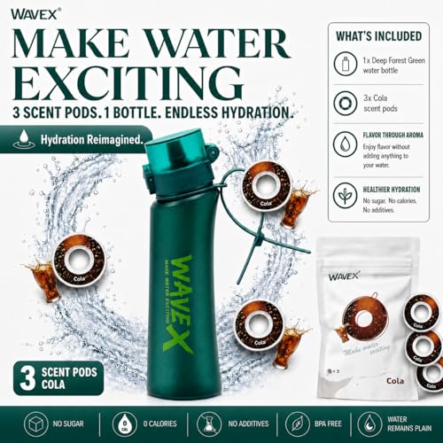 Image of WaveX Scented Water Bottle with 3 Cola Scent Pods, BPA Free, Flip Top Lid, Straw & Carry Strap Included, Enhance Hydration with Subtle Aroma Experience,No Sugar or Calories (Deep Forest Green)