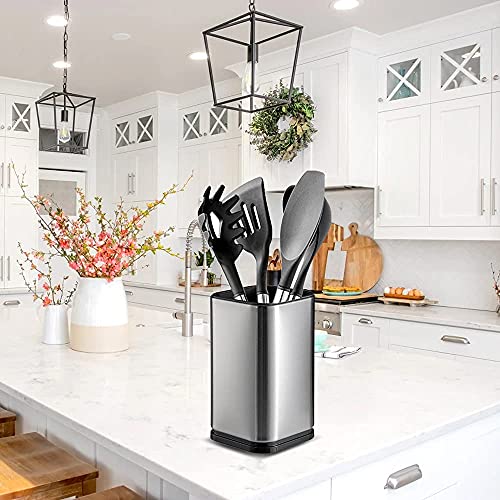 Stainless Steel Kitchen Utensil Holder For Countertop Large Utensil Caddy Organizer Rust Proof & Weighted Base For Stability, Rectangle Utensil Organizer, Cooking Utensil Holder Crock For All Kitchens #TOP4