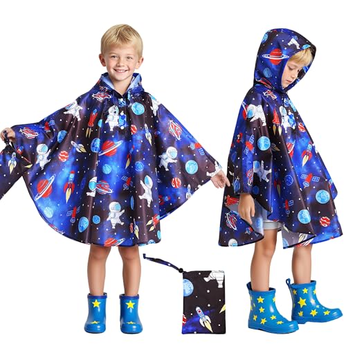 Baogaier Mantellina Pioggia Bambini, Riutilizzabile Impermeabile Poncho con Cappuccio, Ragazzi Traspirante Antipioggia Giacca Bambino Mantella Abbigliamento 6-10 anni, Astronauta blu scuro