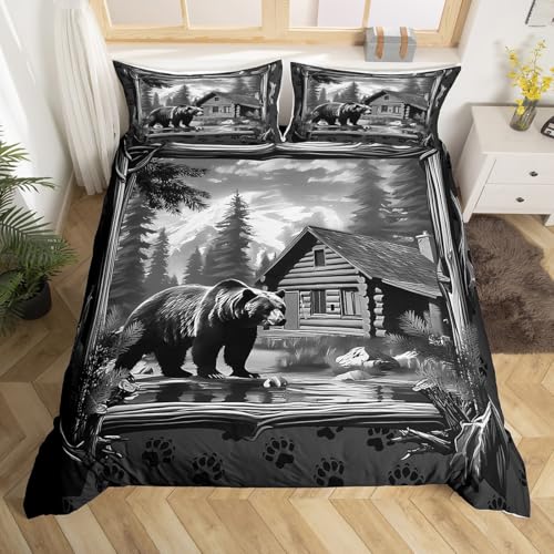 jejeloiu Kids Bear Bedding Set Toddler Size Rustic Cabin Lodge Bedding Duvet Cover Set for Boys Teens Decor Nature Wildlife Bear Comforter Cover Set Farmhouse Grey 2Pcs,No Comforter