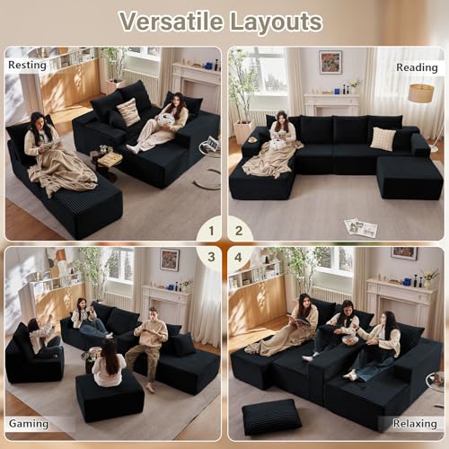 Image of Lakifun 135 inch L-Shape Sofa with Ottoman, Modern Modular Sectional Comfy U-Shape Cloud Couch, Deep Seat, Upholstered Corduroy Sleeper Chaise Longue for Living Room Bedroom, No Assembly Required, Black