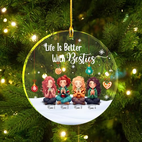 Life Better with Besties Clear Plastic Ornaments, Christmas Decorations Personalized Name Four Girls Wear Sweater with Chocolate Cup Acrylic Ornaments, Gifts for Sister Friends Bestie Siblings