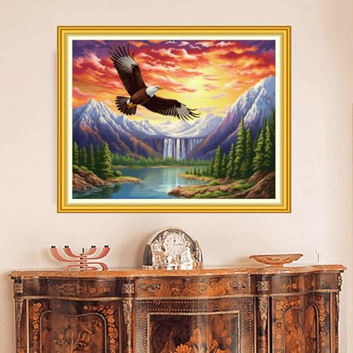 Image of DMCVIVR Stamped Cross Stitch Kits for Beginners Adults Needlepoint Kits for Beginners Embroidery Kits for Adults Crossstitch Kit for Beginners 11CT-Eagle Mountain River 16x20 inch