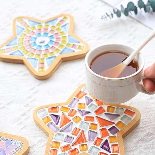 FKYzixeh Mosaic Bamboo Coasters, DIY Base Trays, Blank Coaster for DIY Crafts (4 Pcs Star Shape)