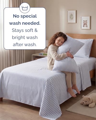 Image of Twin 4 Piece Bed Sheet Set - Breathable & Cooling Sheets - Blue Stripes | Ultra Soft Hotel Luxury Bedding Set with 8-16 Inch Deep Pockets, 1 Flat & 1 Fitted Sheet & 2 Pillowcases, Wrinkle & Fade Free