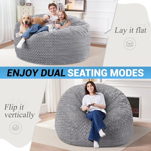 Image of HABUTWAY 5FT Bean Bag Chair,Giant Bean Bag Chairs for Adults,Big Bean Bags with Memory Foam Filled, Large Beanbag Chairs with Chevron Plush Cover-Grey