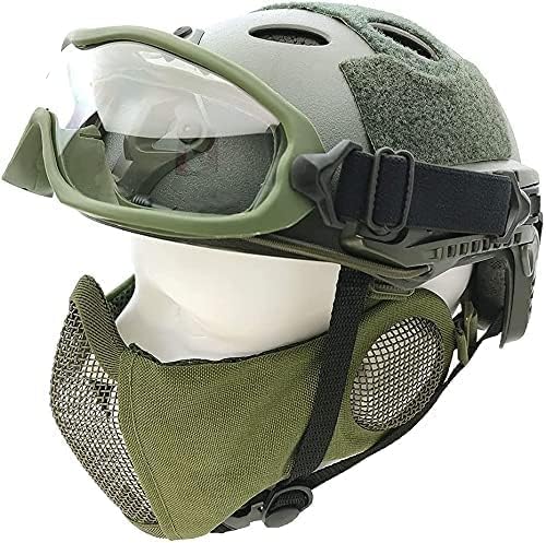 Tactical Quick Helmet And Ear Protection Folding Double Straps Half Mask And Mesh Goggles, Used For Hunting Shooting Airsoft Paintball, OD 42X16cm
