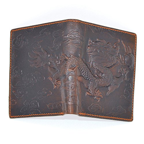 Mens Brown Genuine Leather Wallet with Credit Card Holder Dragon Pattern M2