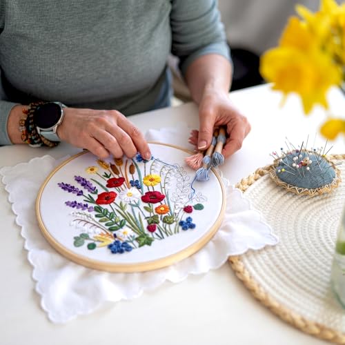 Image of Yinder 5 Set Starter Embroidery Kit for Beginners Boho Cross Stitch with Patterns Embroidery Hoops Instructions Floss Punch Needlepoint Kits Crafts DIY Adult Beginner Cross Stitch (Flowers)