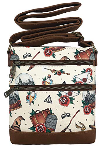 Loungefly x Harry Potter Tattoo All-Over Print Passport Crossbody Bag (One Size, Brown Multi)