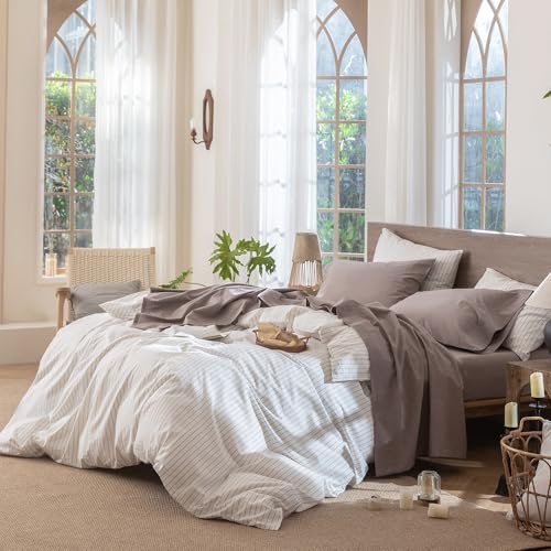 MooMee Bedding Sheet Set 100% Washed Cotton Linen Like Textured Breathable Durable Soft Comfy (Heathered Mauve Brown, King) - Image 5