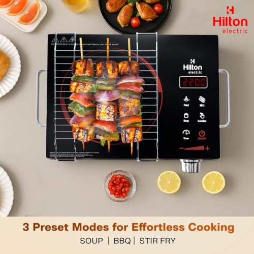 Image of Hilton Electric Premium 2200-watt Radiant Infrared Cooktop with Free Stainless Steel Grill for barbecue |3 Preset Functions | Digital Display |Timer Control | Over Heating Protection(1 Year Warranty)