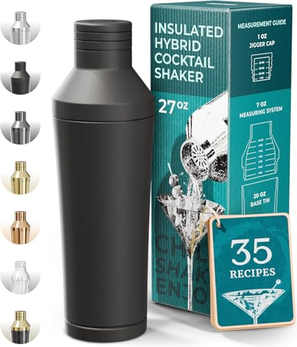 BARE BARREL Insulated Cocktail Shaker Set | Double Wall Stainless Steel | Martini Shaker for Home Bar Bartending | Built-in Drink Measure System & Strainer Travel Bag Recipes | Gift Set (Matt Black)