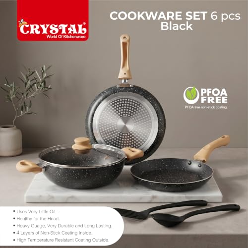 Image of Crystal Aluminum 6 Pcs Non Stick Cookware Set with Induction Bottom | Tawa, Fry Pan, Kadhai with Lid, Laddle & Spatula | Durable 4 Layer Non Stick Coating | PFOA Free | Black