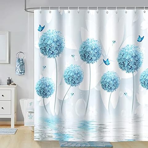 Bonhause Cortina de Ducha Diente de León Azul Flores y Mariposas 180 x 180 cm Cover