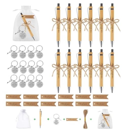BUCOMTU 12 Piezas Bolígrafos Agradecimiento, Regalo de Agradecimiento, con Bolígrafo de Madera, Etiqueta de Agradecimiento, Llavero, Bolsa de Malla, Regalo para Compañera de Trabajo