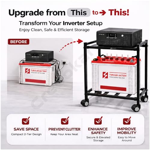 Image of Inverter Trolley for Home - 2 Tier Heavy Duty Inverter Stand with 360 Wheels | Strong Metal Inverter Trolley | Inverter Battery Stand for Home | Fits Single Battery | 150 KG Load - Black