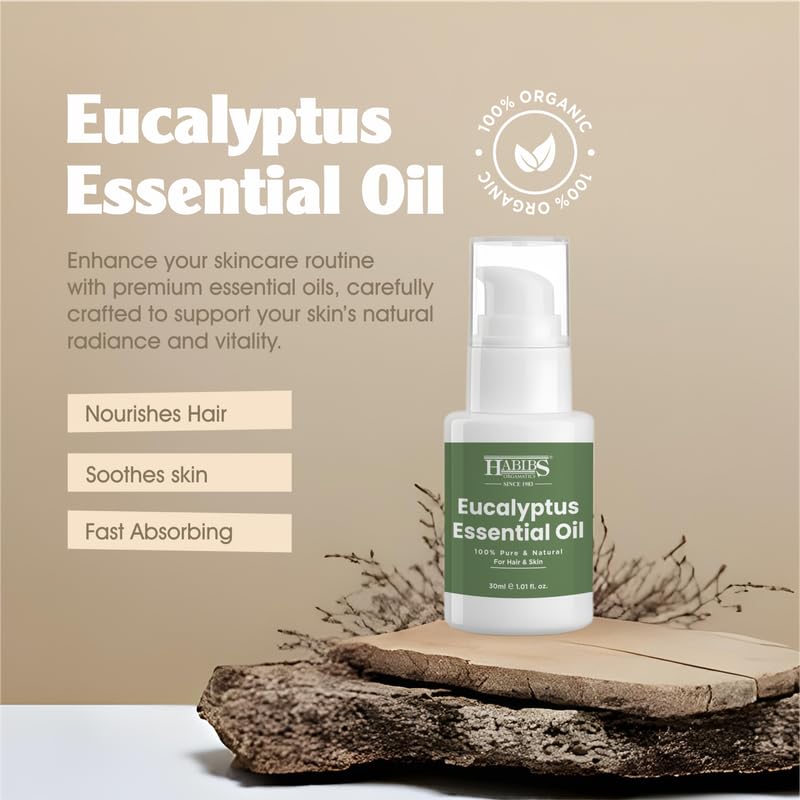 Image of Habibs Pure Eucalyptus Essential Oil - 100% Undiluted, Therapeutic Grade for Respiratory & Sinus Relief 30ML