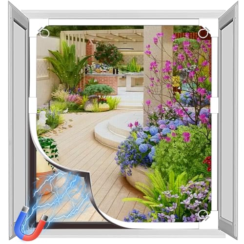 OWYR Magnetisches Fliegengitter Fenster, DIY Insektenschutz Zuschneidbar, Selbstklebender Magnetrahmen Ohne Bohren, Robustem Glasfaser-Mesh, 120cm×130cm Weißer Rahmen & Graues Netz