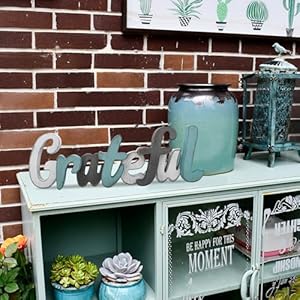 Rustic Wooden Teal Home Sign Decorative Cutout Letters Freestanding Block Word Sign Hanging Ornament Table Shelf Decor Grateful