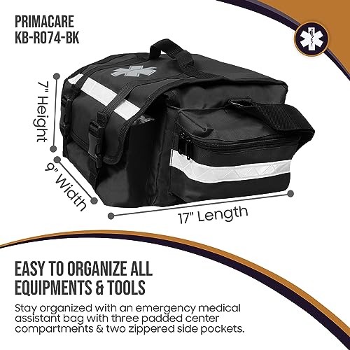 Image of Primacare KB-RO74-BK First Responder Trauma Bag, 17 inch x 9 inch x 7 inch, Black - EMT /EMS Medical Supply Organizer with Padded Dividers, Multiple Compartments, Side Pockets, Reflective Strip, Durable Design