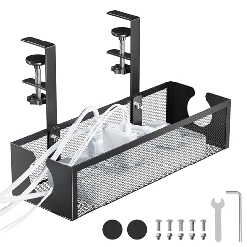 YECAYE No-Drill Metal Under Desk Cable Management Tray Power Strip & Cable Organizer for Home Office Under Desk Storage Organizer Tray Black