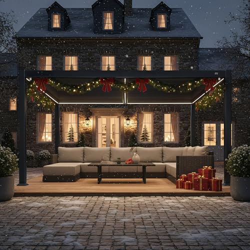 PURPLE LEAF Pavillon 3 x 4.25 m mit Lamellendach Terrassenüberdachung Wasserdicht Stabil Winterfest Pergola Freistehend Verstellbaren Alu-Lamellen mit LED-Lichtleiste für Garten, Grau