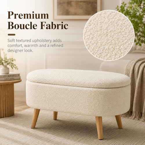 Image of Upholstered Ottoman Storage Bench, Premium Boucle Fabric, Heavy Duty 120 Kg Load Capacity, Multipurpose Seating for Living Room & Bedroom, Cream