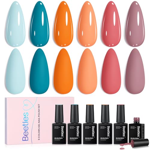 Image of Beetles Orange Gel Polish Set - Hotel California Collection, Blue Gel Polish Dusty Orange Summer Colors Nail Art Manicure Kit Soak Off Uv LED Gel Gift for Girl Women | Orange, blue, and purple gel colors support fall nail art and salon-style DIY manicures; soak off after UV /LED curing.