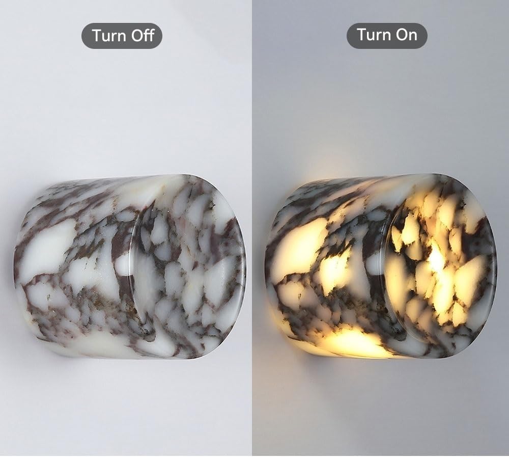 Translucent Marble Wall Sconce, Wall Lamp, Mounted Indoor G9 Light with Cylindrical Natural Stone for Bedroom, Living Room, Hallway, Staircase, Entryway, Luxury Bedside Decor Parlor