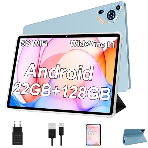SKYEGG Tablette 10 Pouces Android 14 avec 22 GO + 128 GO (Extensible jusqu'à 1 to), Widevine L1, 8000mAh, 5G WiFi, GPS, Octa-Core, BT 5.0, Tablette Tactile avec étui...