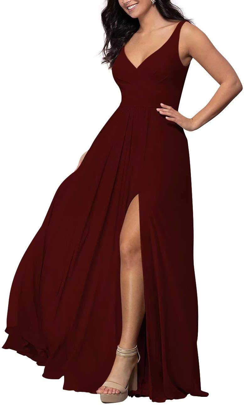 V-Neck Long Bridesmaid Dress Chiffon Wedding A-line Prom Dress with Slit Formal Dress(Burgundy,02)