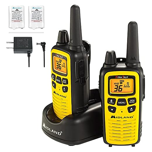 Midland LXT630VP3 36 canaux GMRS avec alerte météo NOAA de 30 milles, chargeur de piles rechargeables dans un boîtier jaune haute visibilité