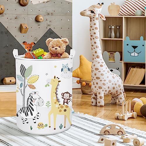 Clastyle 45L Cartoon Animals Elephant Fox White Kids Laundry Hamper Lion Clouds Round Toy Clothes Storage Basket For Children Room, 14.2X17.7 In #TOP1