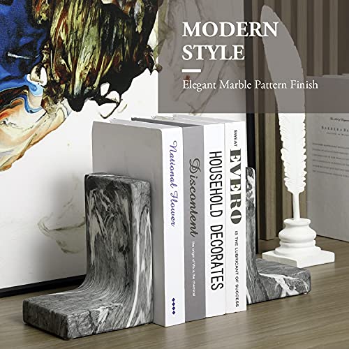 Mygift Black And White Marble Style Decorative Bookends For Shelves, Elegant Office Desk L-Shaped Ceramic Book Holders For Heavy Books, Textbooks, 1 Pair #TOP1