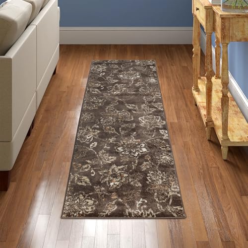 SUPERIOR Indoor Runner Rug, Jute Backing, Plush Floral Rugs for Entryway, Kitchen Floors, Office Floor Cover, Modern Farmhouse Rugs, Jacobean Collection, 2' 7" x 12', Taupe