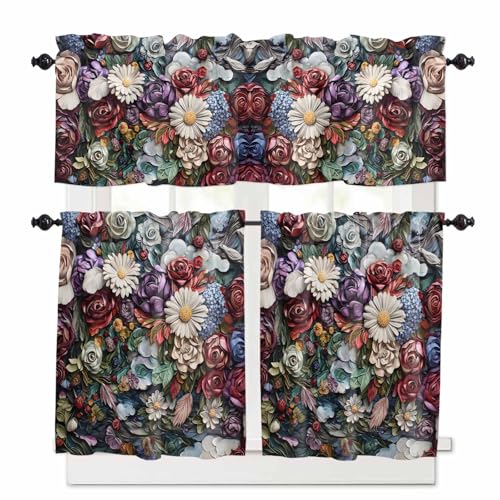 Boho Colorful Flower Kitchen Curtains 36 Inch Length,3 Piece Rod Pocket Small Half Tiers and Valance Set,Roses Daisies Floral Bohemia Rustic Small Large Window Treatment Decor for Bedroom/Bathroom
