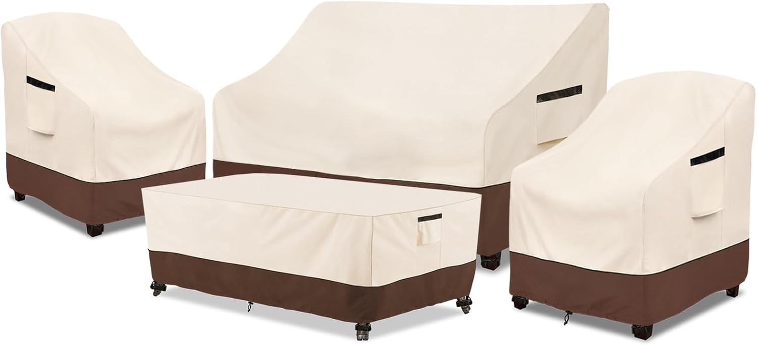 Rileytee Patio Furniture Set Covers, 4 Pcs 600D Heavy Duty 100% Waterproof Outdoor Furniture Cover, Fit Patio Loveseat, Chair and Coffee Table (Beige & Brown,Small)