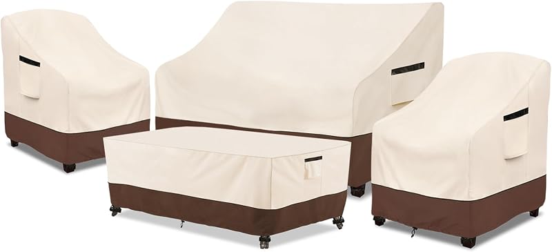 Rileytee Patio Furniture Set Covers, 4 Pcs 600D Heavy Duty 100% Waterproof Outdoor Furniture Cover, Fit Patio Loveseat, Chair and Coffee Table (Beige & Brown,Large)