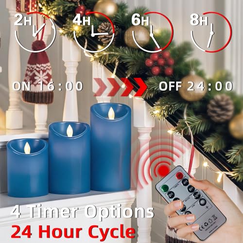 Velas con batería para bodas y Navidad en set de 3 piezas de cera azul 4
