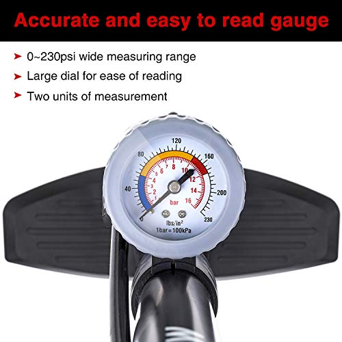Audew Bike Floor Pump with Gauge - 230Psi Presta/Dunlop and Schrader Dual Valves Bicycle Tire Pump - Steel Structure Floor Pump for Bike, Including Glueless Puncture Kit, Inflating adapters - Thumbnail 6