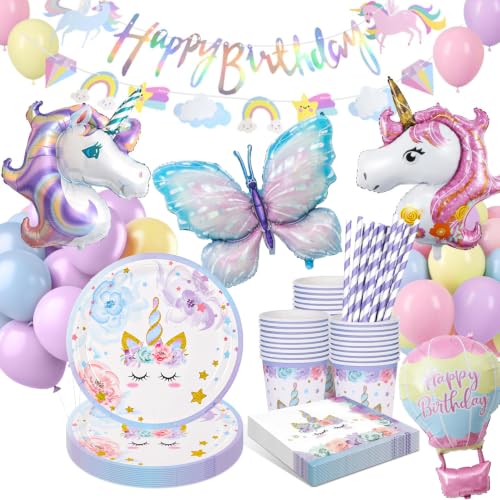 yosiio Unicorn Party Decorations Unicorn Birthday Decoration Set Childrens Tableware With Balloons for Girls Birthday Party Supplies 16 Guests