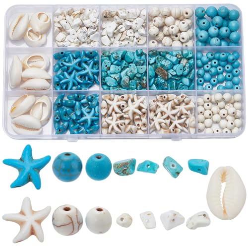 SUNNYCLUE 1 Box About 300Pcs Bohemian Style Starfish Beads Blue White Beads Bulk Natural Shell Beads Summer Ocean Animal Starfish Bead Seashell Charms 6mm 8mm Beads Chip Beads for Jewelry Making Kits