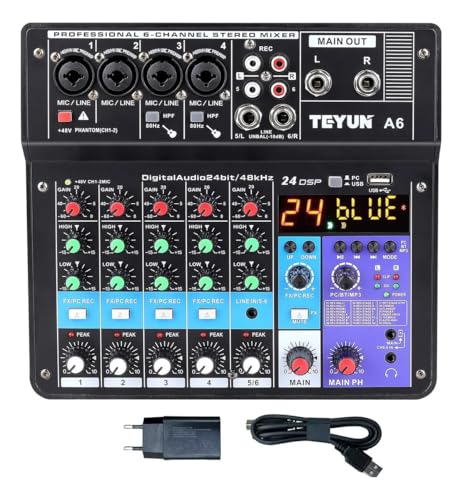 A6 Mesa De Som 6 canais，mixer de placa de som de 6/5/4/3 canais com Bluetooth, entrada USB para PC e alimentação fantasma de 48V para música, podcasting e produção Melhor que teyun A4 NA4 A3