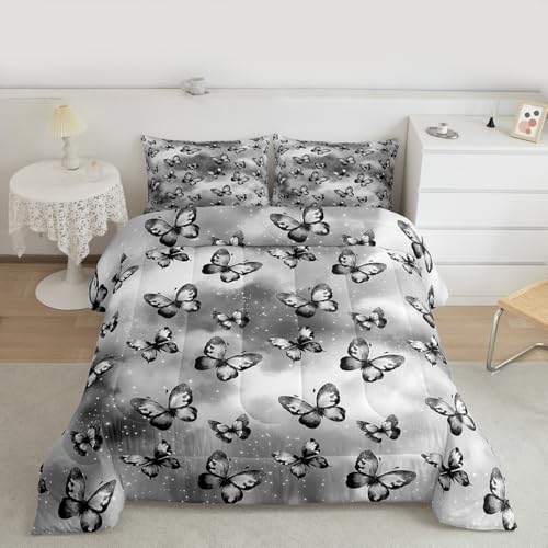 Image of Erosebridal Butterfly Bedding Sets Full - Dreamy Coquette Comforter Set for Kids Adults Watercolor Gradient Grey Butterfly Duvet Insert Galaxy Stars Print Quilt