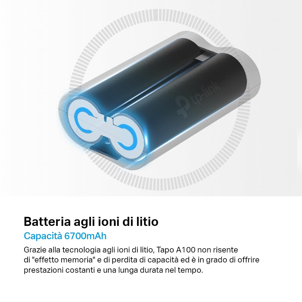 TP-Link Tapo A100 Pacco Batteria Pile Ricaricabili 6700 mAh, Funziona con Videocamere e Videocitofoni Tapo, Celle Agli Ioni di Litio Premium, Tempo di Ricarica USB di 5 Ore, Protezione a 6 Vie